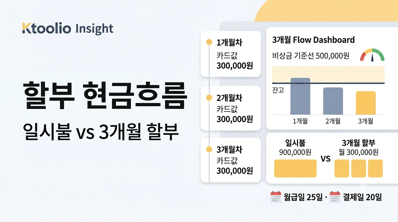 일시불과 3개월 할부의 월별 최저잔고와 비상금 기준선을 비교하는 Ktoolio 인사이트 썸네일