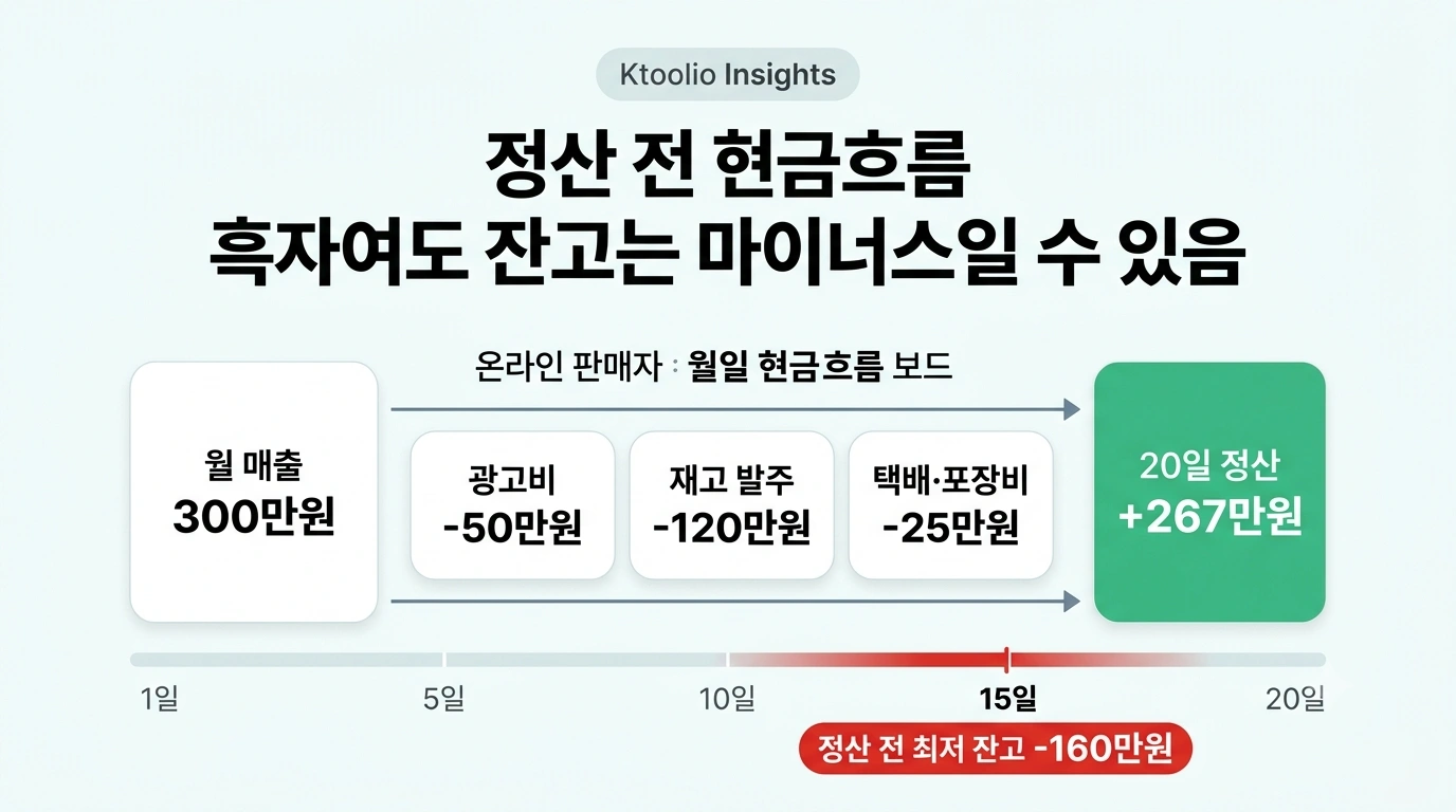 온라인 판매자의 정산 지연과 선지출 현금흐름을 보여주는 Ktoolio 인사이트 썸네일