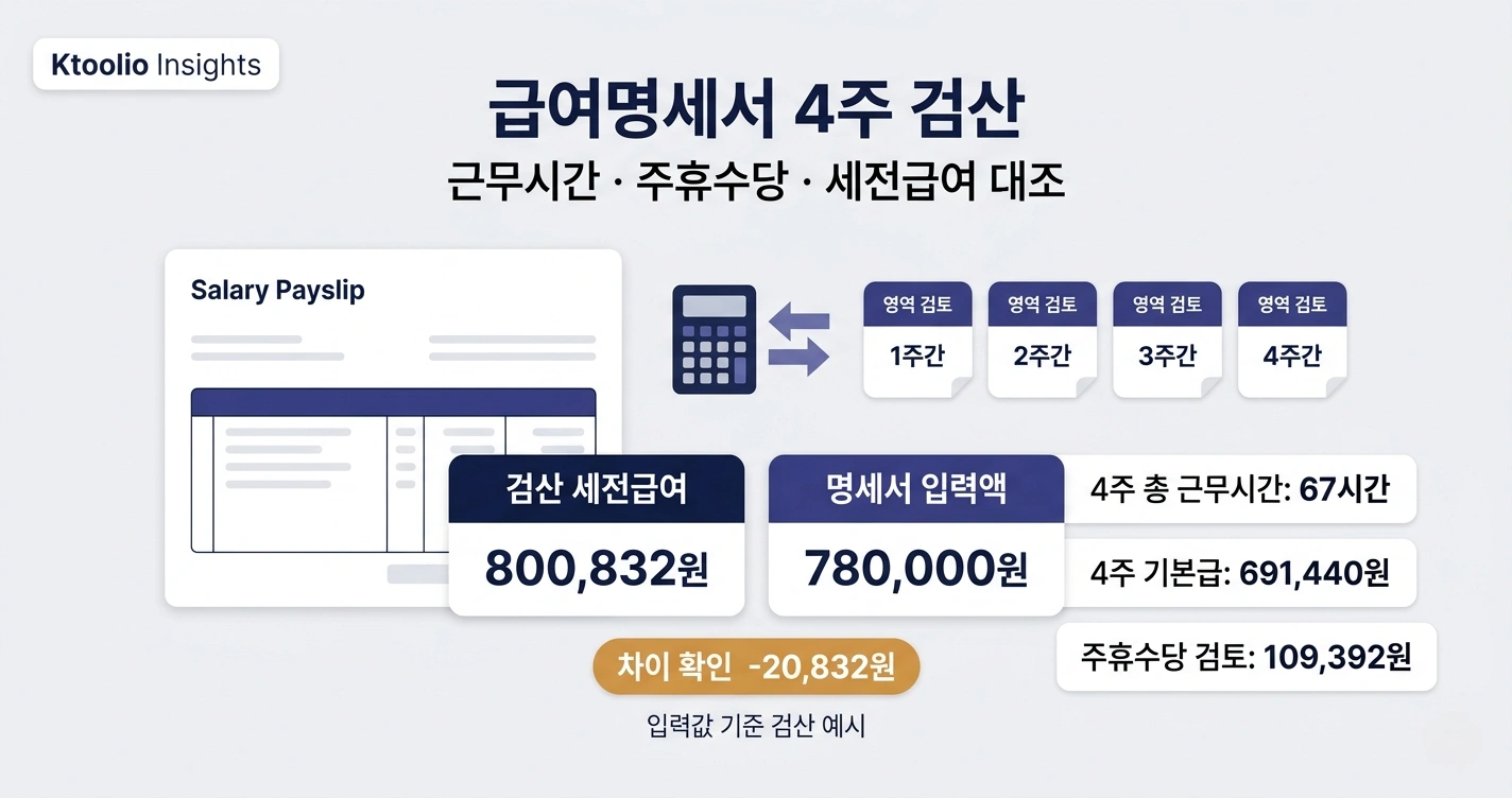4주 근무기록과 급여명세서의 세전 지급액을 대조하는 Ktoolio 인사이트 썸네일
