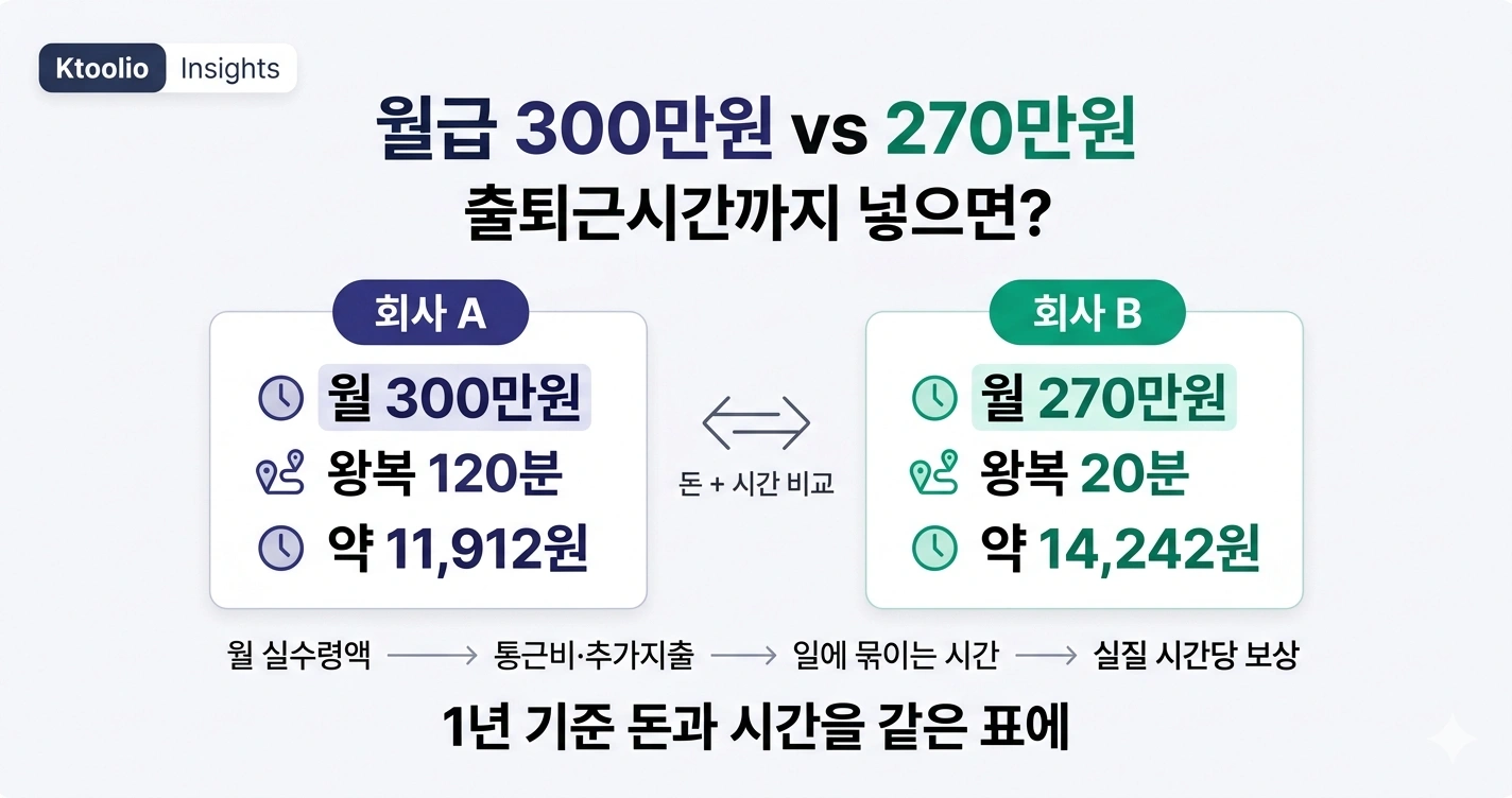 두 회사의 월 실수령액과 출퇴근시간을 1년 생활시간 기준으로 비교한 Ktoolio 인사이트 썸네일