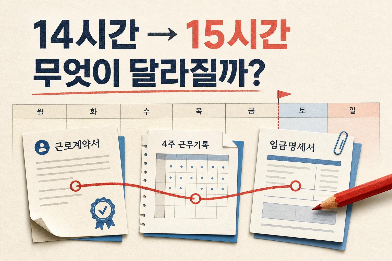 주 14시간과 15시간의 주휴수당 차이를 근로계약서, 최근 4주 근무기록, 임금명세서로 확인하는 일러스트